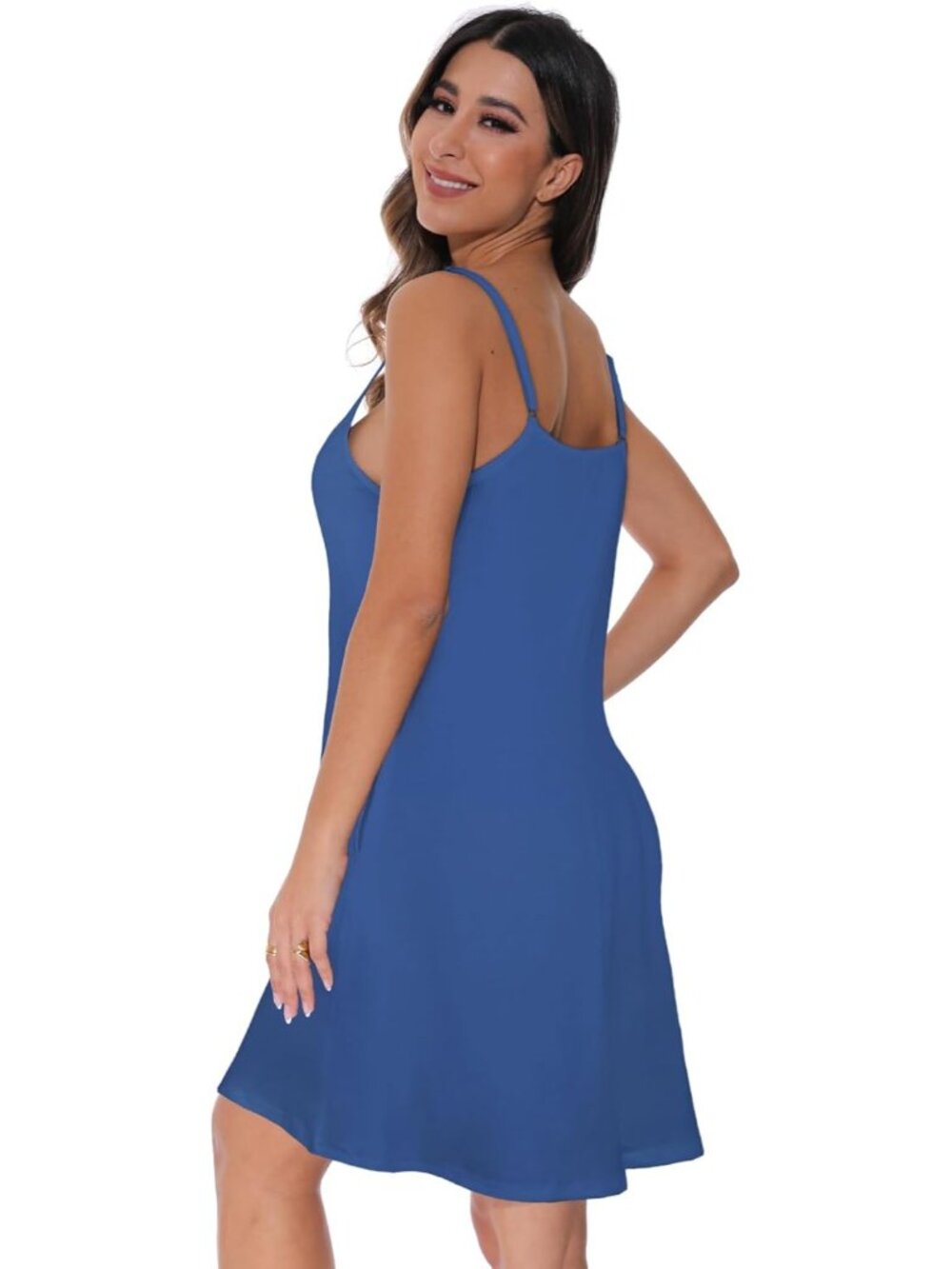 Women's Blue Summer Dresses Spaghetti Strap Button Down V Neck Sundress Beach - Picture 4 of 7